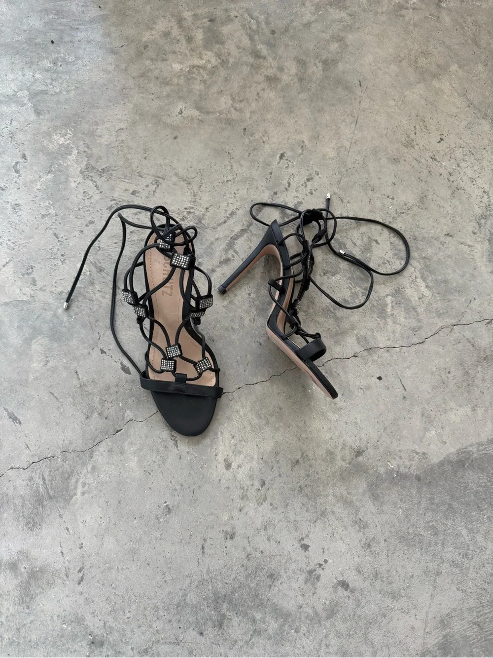 SCHUTZ Black Rhinestone Lace-Up Stiletto Sandals